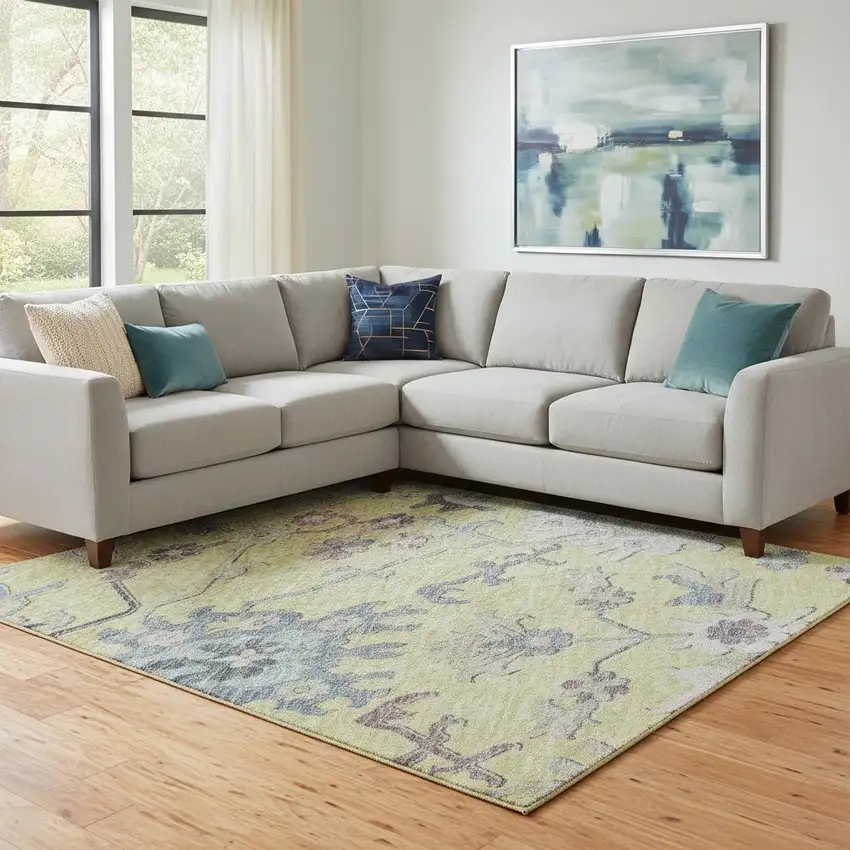 Yellow Blue And Blush Floral Washable Area Rug With UV Protection Photo 2