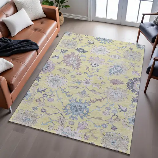 Yellow Blue And Blush Floral Washable Area Rug With UV Protection Photo 4