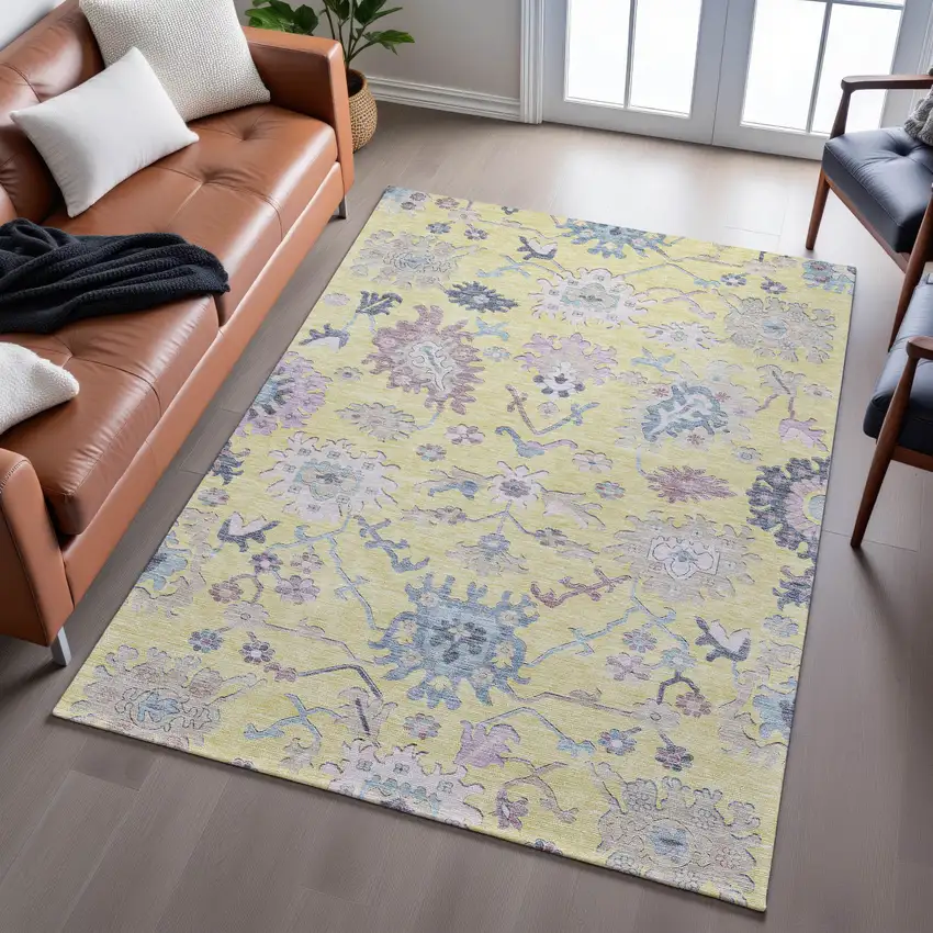 Yellow Blue And Blush Floral Washable Area Rug With UV Protection Photo 4