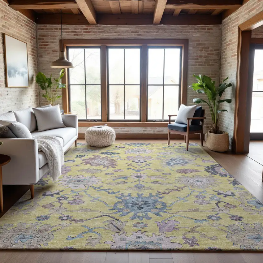 Yellow Blue And Blush Floral Washable Area Rug With UV Protection Photo 4