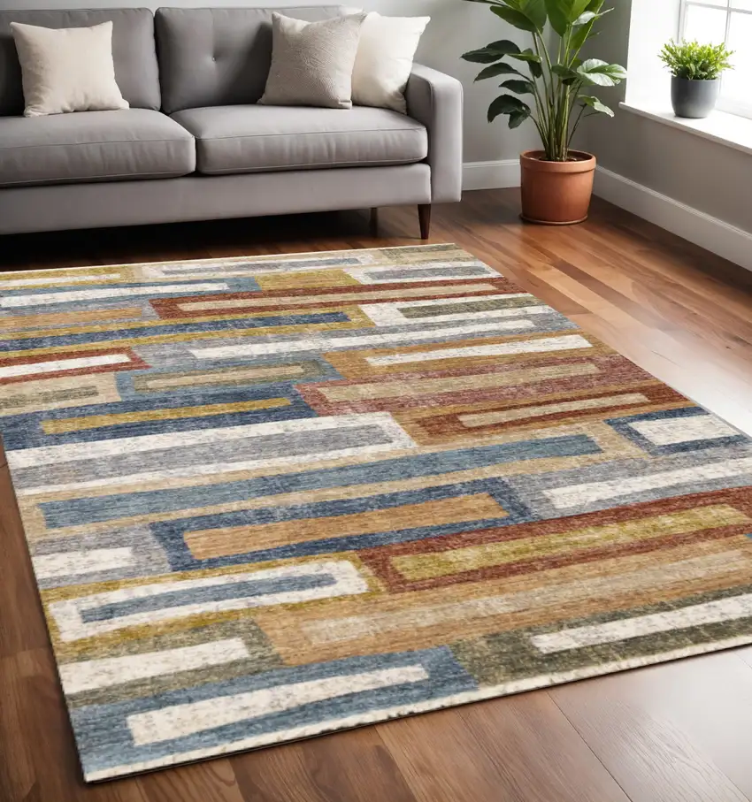 Yellow Blue And Brown Striped Area Rug Photo 1