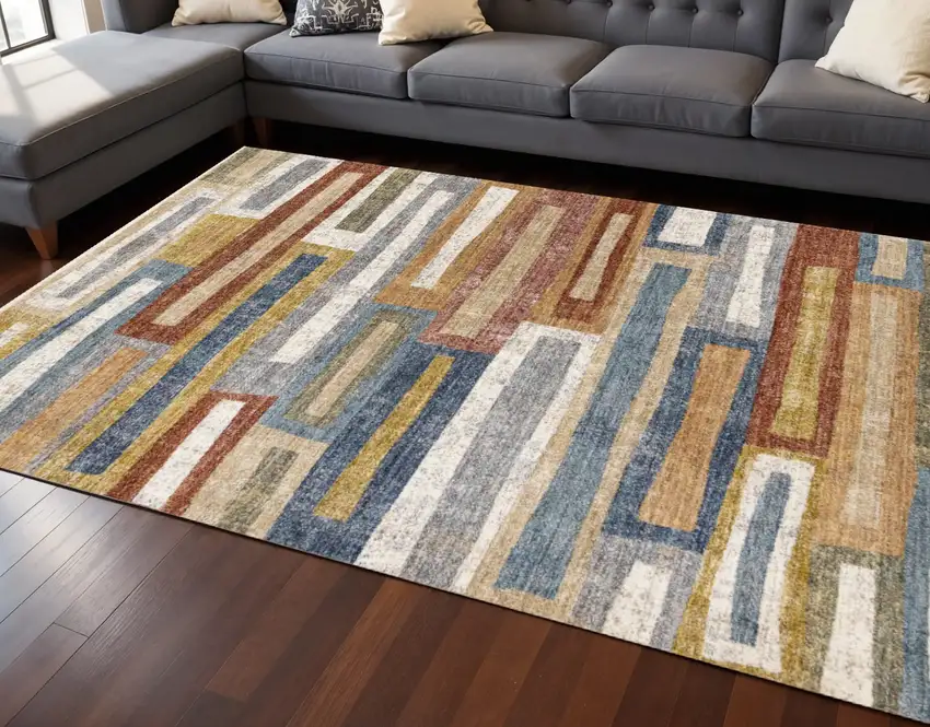 Yellow Blue And Brown Striped Area Rug Photo 1