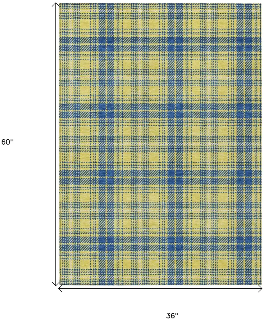 Yellow Blue And Ivory Plaid Washable Indoor Outdoor Area Rug Photo 3