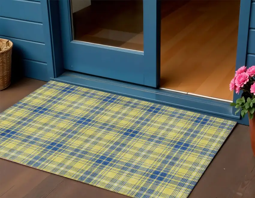 Yellow Blue And Ivory Plaid Washable Indoor Outdoor Area Rug Photo 1