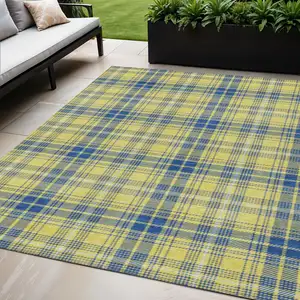 Photo of Yellow Blue And Ivory Plaid Washable Indoor Outdoor Area Rug