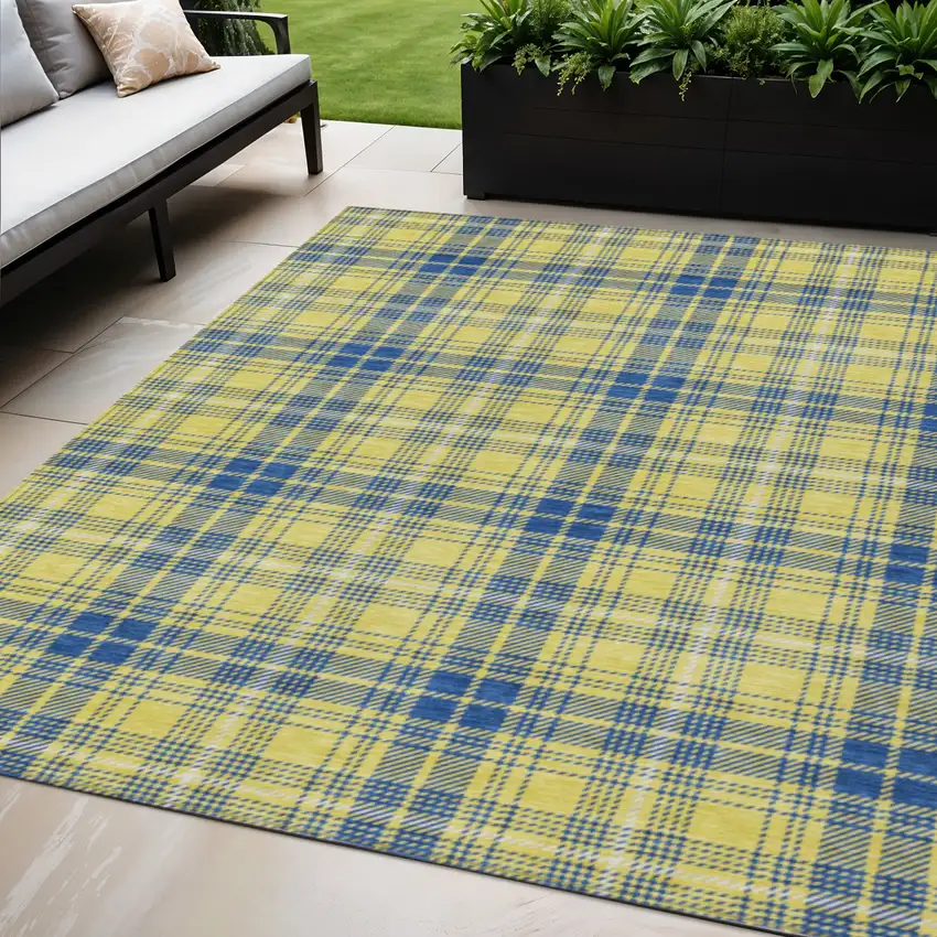 Yellow Blue And Ivory Plaid Washable Indoor Outdoor Area Rug Photo 1
