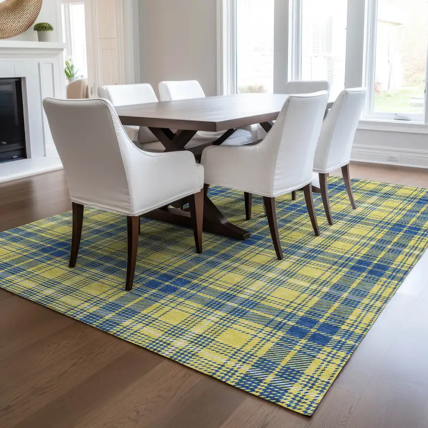 Yellow Blue And Ivory Plaid Washable Indoor Outdoor Area Rug Photo 9