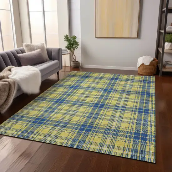 Yellow Blue And Ivory Plaid Washable Indoor Outdoor Area Rug Photo 8