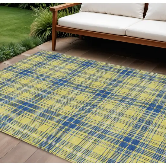 Yellow Blue And Ivory Plaid Washable Indoor Outdoor Area Rug Photo 1