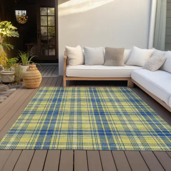 Yellow Blue And Ivory Plaid Washable Indoor Outdoor Area Rug Photo 7