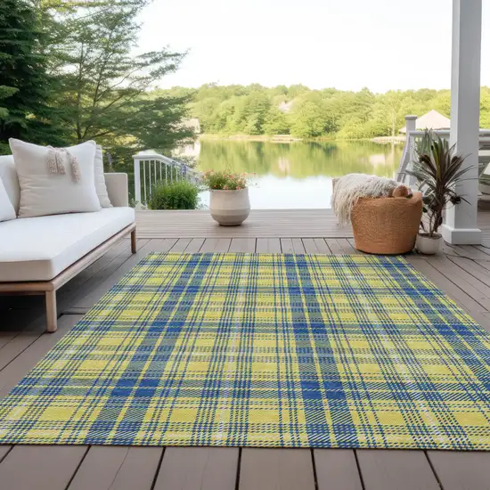 Yellow Blue And Ivory Plaid Washable Indoor Outdoor Area Rug Photo 9