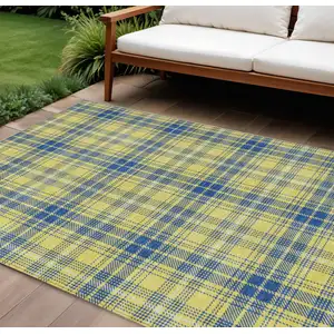 Photo of Yellow Blue And Ivory Plaid Washable Indoor Outdoor Area Rug