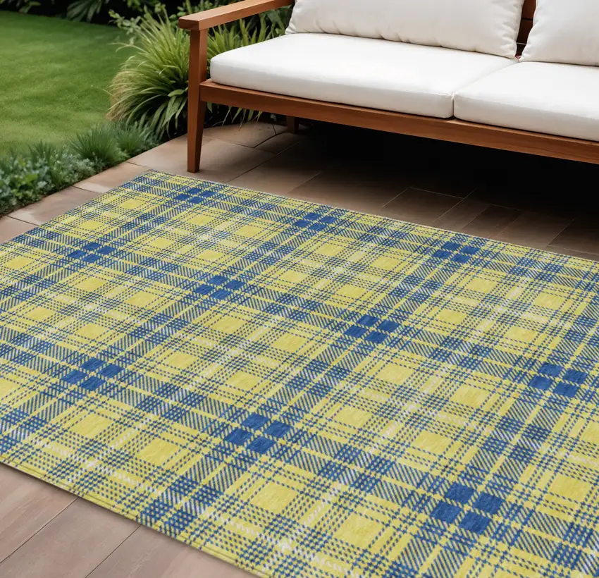 Yellow Blue And Ivory Plaid Washable Indoor Outdoor Area Rug Photo 1