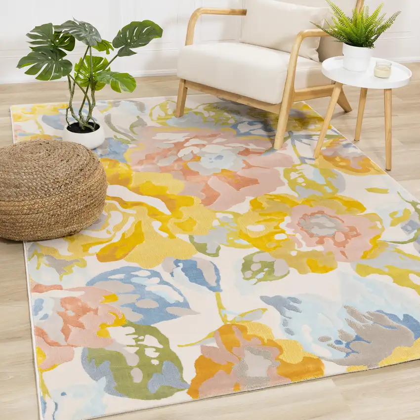 Yellow Blue And Pink Botanical Leaves Area Rug Photo 6