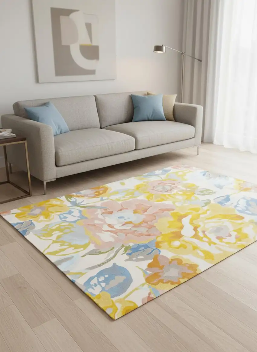 Yellow Blue And Pink Botanical Leaves Area Rug Photo 1