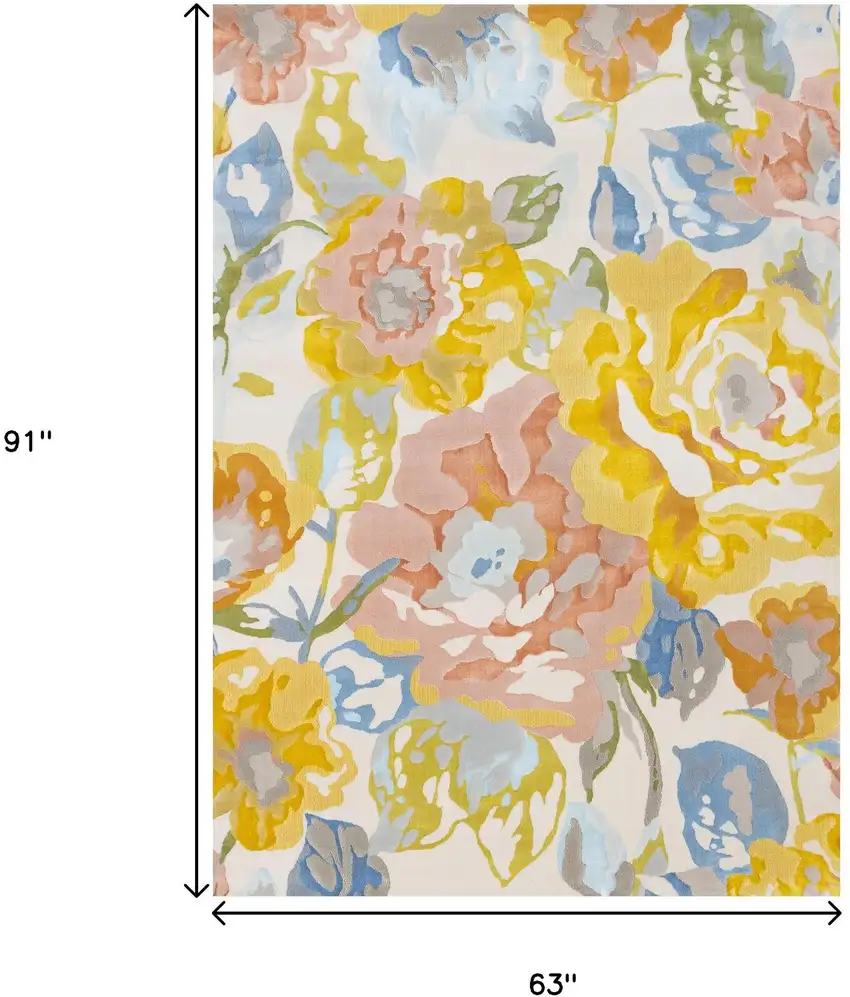 Yellow Blue And Pink Botanical Leaves Area Rug Photo 3