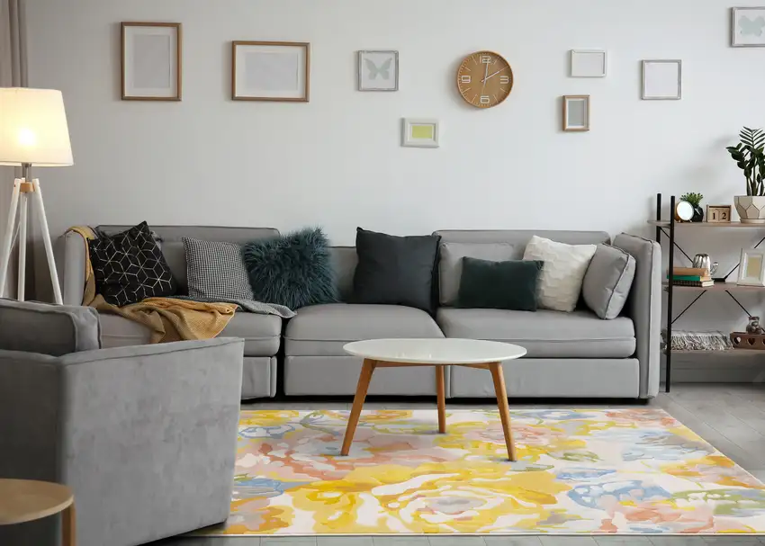 Yellow Blue And Pink Botanical Leaves Area Rug Photo 7