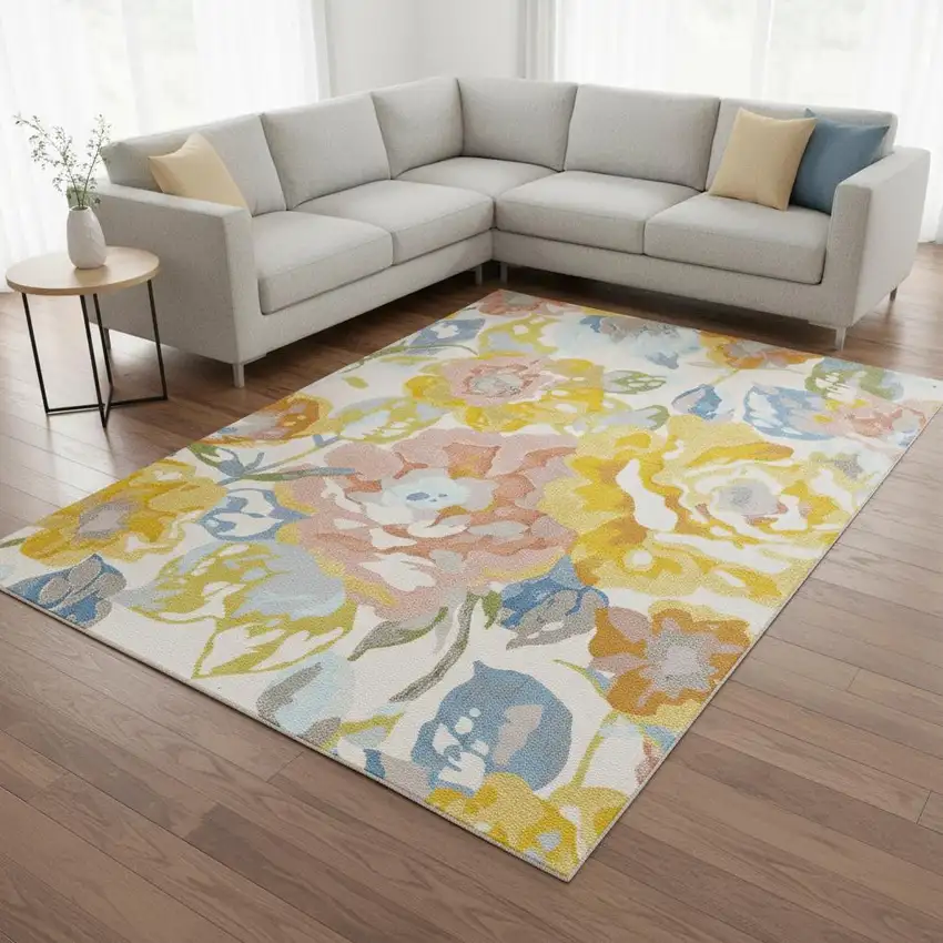 Yellow Blue And Pink Botanical Leaves Area Rug Photo 1