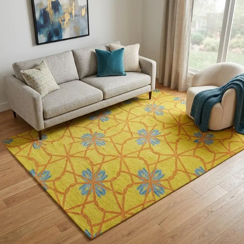 Yellow Blue And Red Geometric Washable Area Rug With UV Protection Photo 1