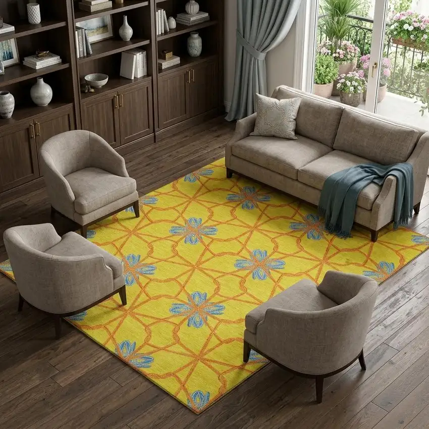 Yellow Blue And Red Geometric Washable Area Rug With UV Protection Photo 1