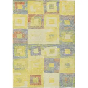 Photo of Yellow Blue And Terra Cotta Geometric Washable Indoor Outdoor Area Rug