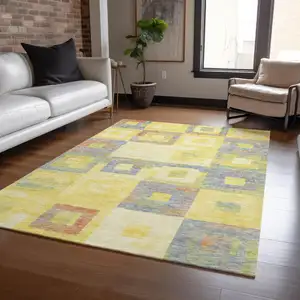 Photo of Yellow Blue And Terra Cotta Geometric Washable Indoor Outdoor Area Rug