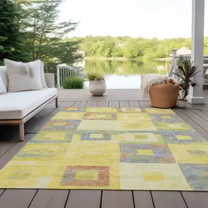 Photo of Yellow Blue And Terra Cotta Geometric Washable Indoor Outdoor Area Rug