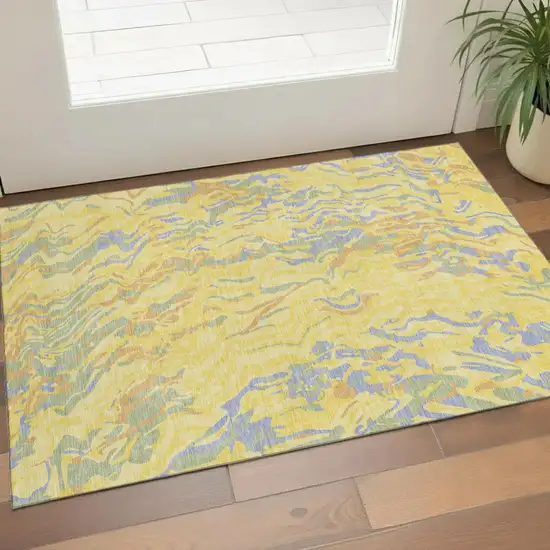 Yellow Copper And Blue Abstract Washable Area Rug With UV Protection Photo 1