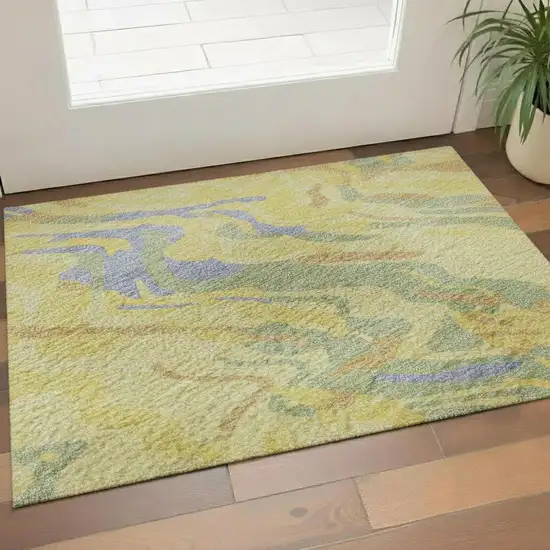 Yellow Copper And Blue Abstract Washable Area Rug With UV Protection Photo 2