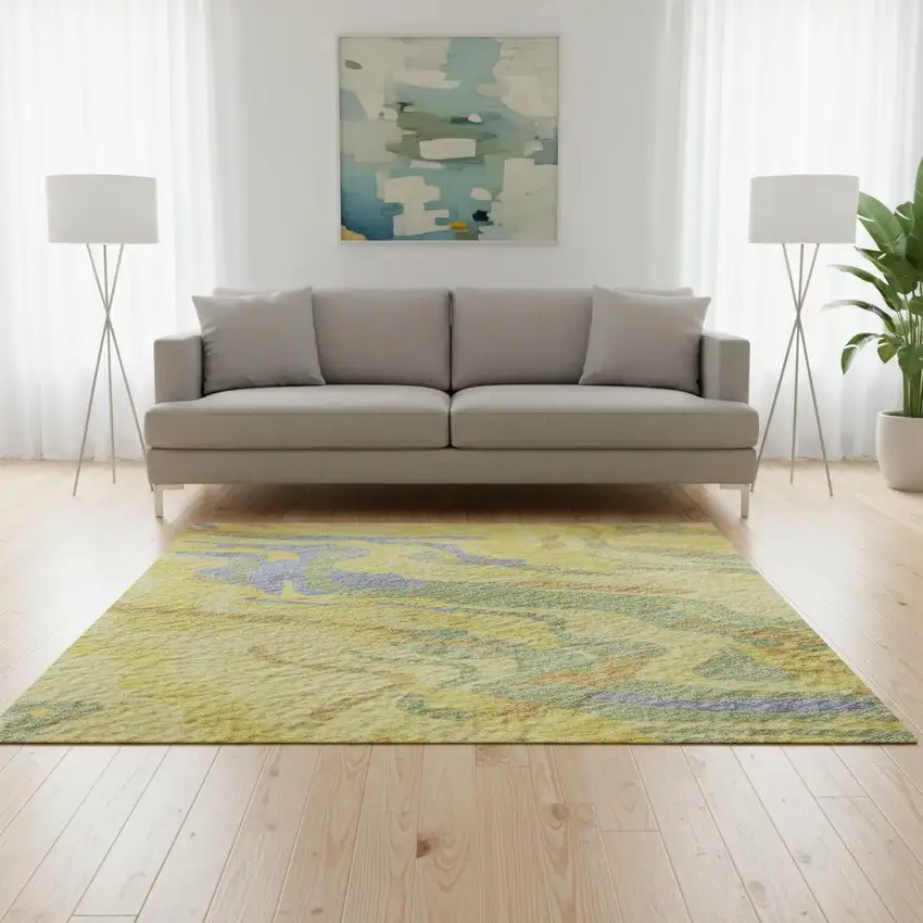 Yellow Copper And Blue Abstract Washable Area Rug With UV Protection Photo 2