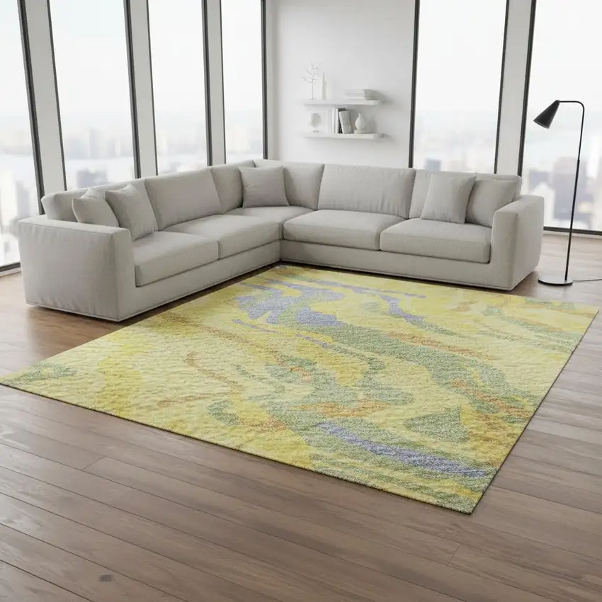 Yellow Copper And Blue Abstract Washable Area Rug With UV Protection Photo 1
