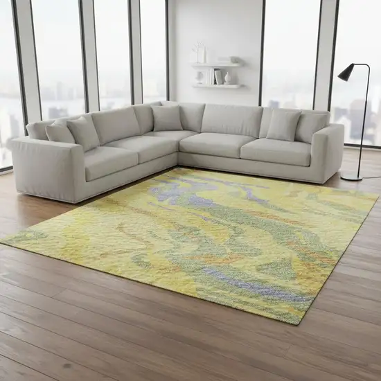 Yellow Copper And Blue Abstract Washable Area Rug With UV Protection Photo 1