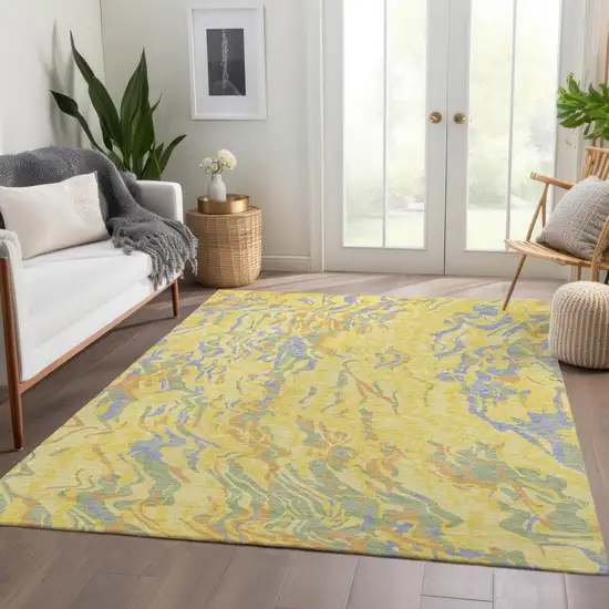 Yellow Copper And Blue Abstract Washable Area Rug With UV Protection Photo 3