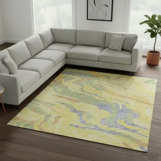 Yellow Copper And Blue Abstract Washable Area Rug With UV Protection Photo 2