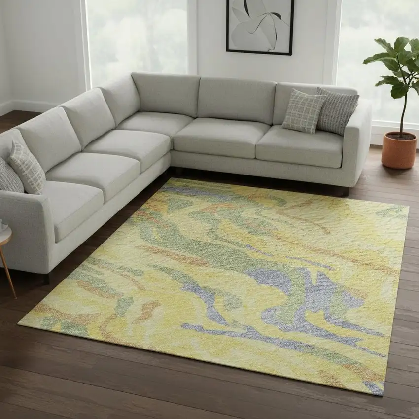Yellow Copper And Blue Abstract Washable Area Rug With UV Protection Photo 2