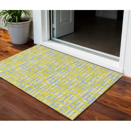 Yellow Denim Blue And Beige Abstract Washable Indoor Outdoor Area Rug Photo 1