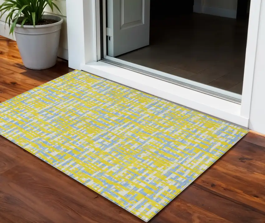 Yellow Denim Blue And Beige Abstract Washable Indoor Outdoor Area Rug Photo 1