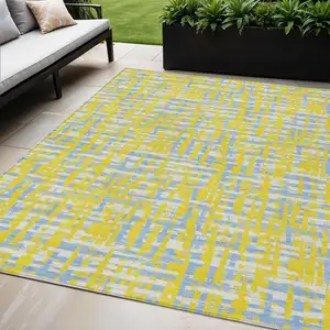 Photo of Yellow Denim Blue And Beige Abstract Washable Indoor Outdoor Area Rug