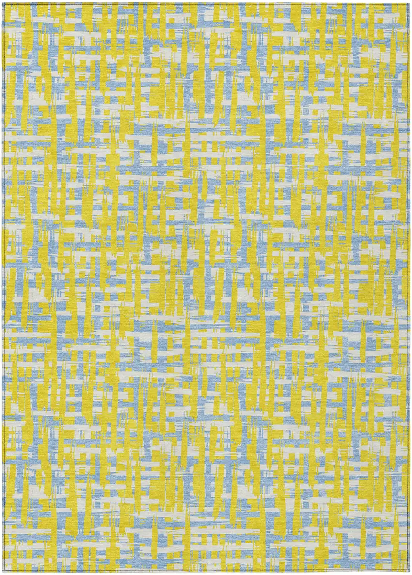 Yellow Denim Blue And Beige Abstract Washable Indoor Outdoor Area Rug Photo 2