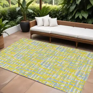 Photo of Yellow Denim Blue And Beige Abstract Washable Indoor Outdoor Area Rug