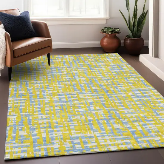 Yellow Denim Blue And Beige Abstract Washable Indoor Outdoor Area Rug Photo 9
