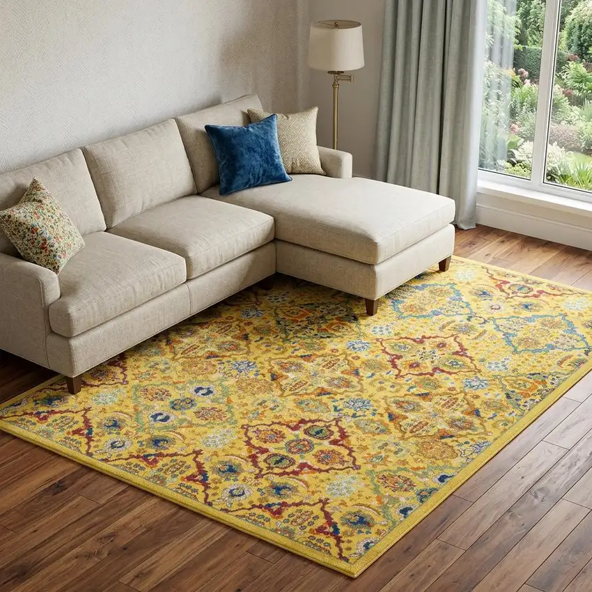Yellow Floral Power Loom Area Rug Photo 1