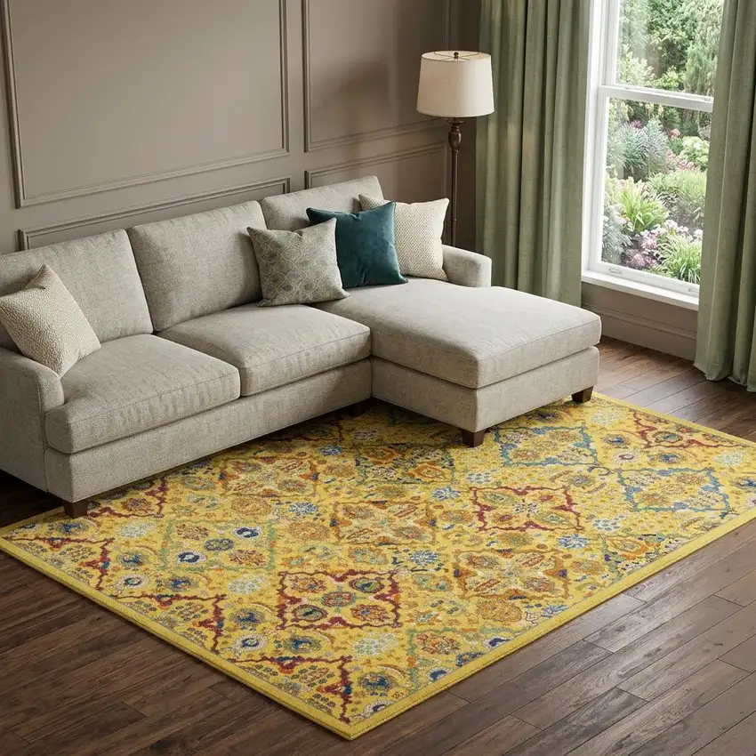 Yellow Floral Power Loom Area Rug Photo 1