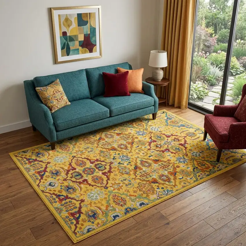 Yellow Floral Power Loom Area Rug Photo 1