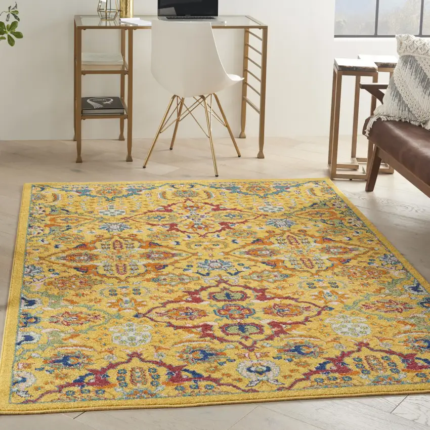Yellow Floral Power Loom Area Rug Photo 5