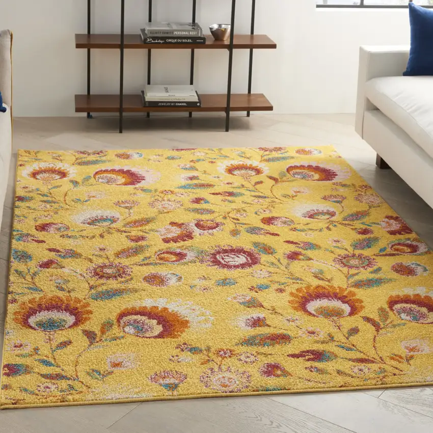 Yellow Floral Power Loom Area Rug Photo 5