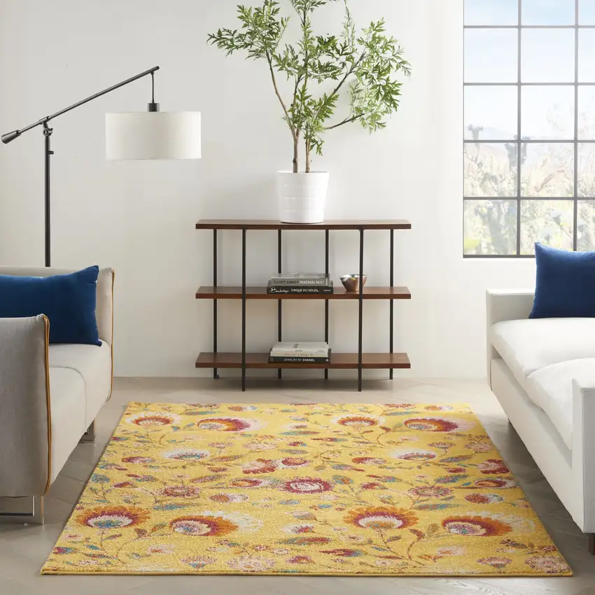 Yellow Floral Power Loom Area Rug Photo 6