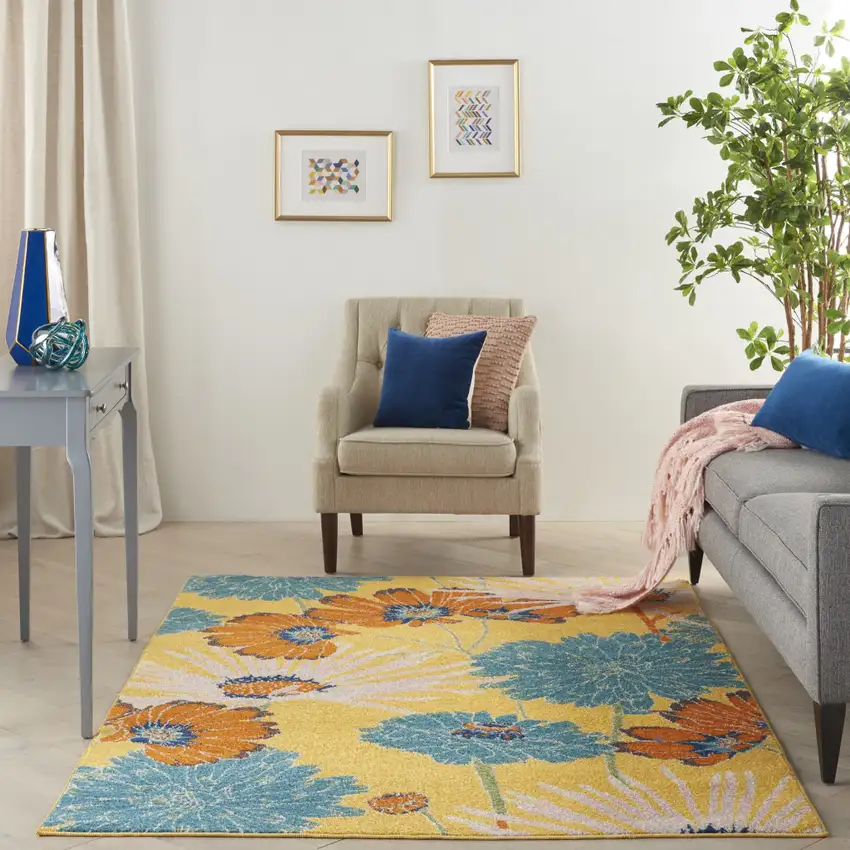 Yellow Floral Power Loom Area Rug Photo 5