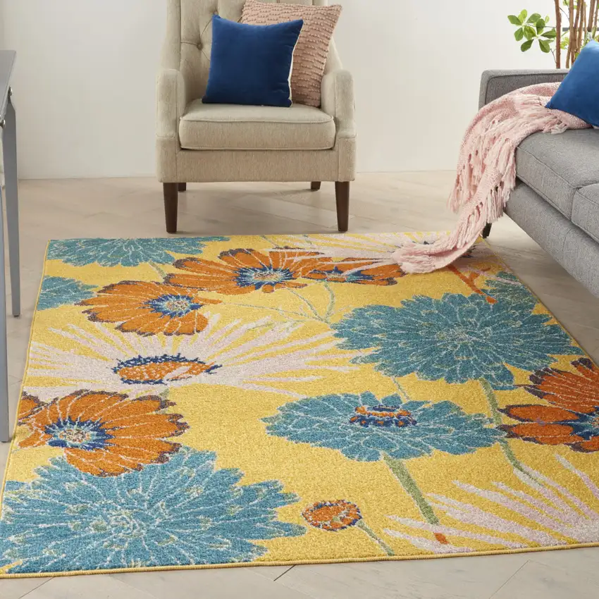 Yellow Floral Power Loom Area Rug Photo 4