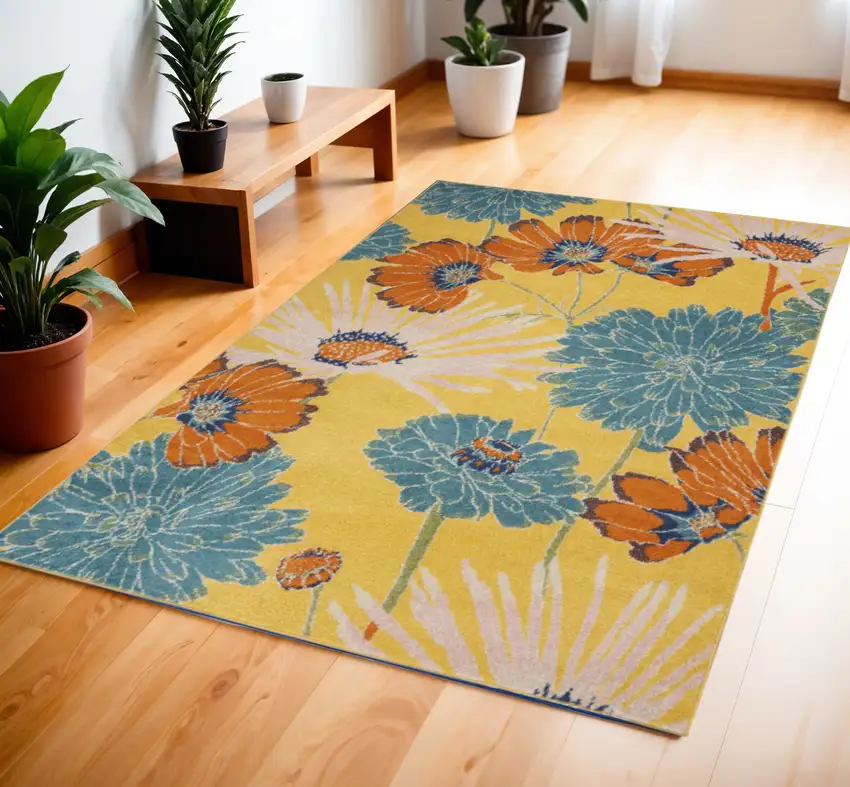 Yellow Floral Power Loom Area Rug Photo 1